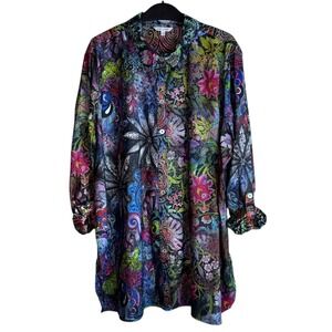 John Mark Womens 2X Black Red Blue Roses Satin Long Sleeve Shirt NWT